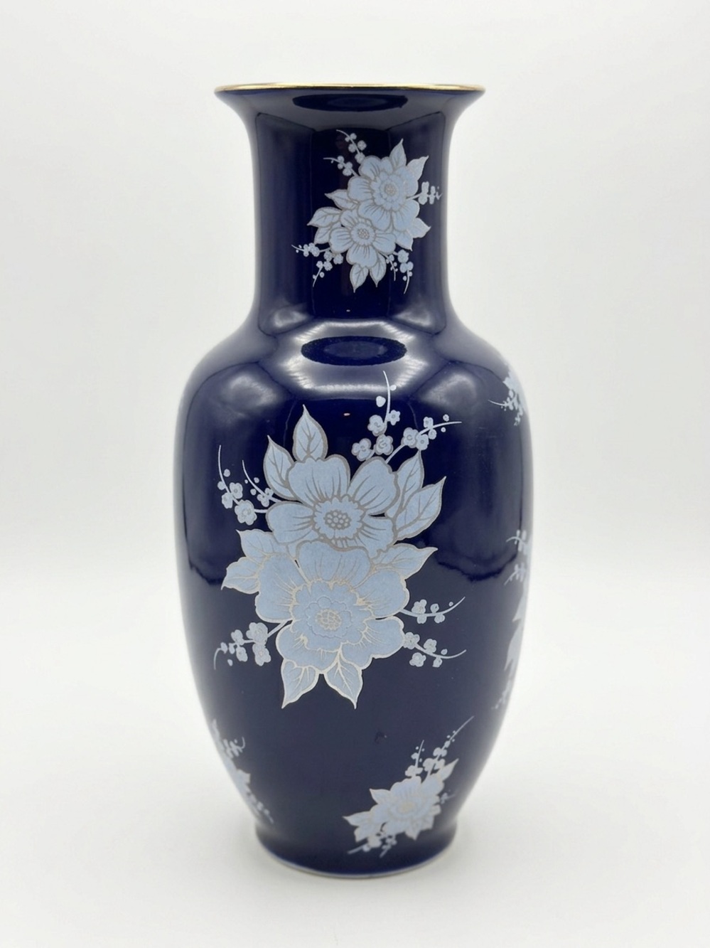 Cobalt Blue Porcelain Vase with Light Blue Floral Enamel and Gold Rim Detail
